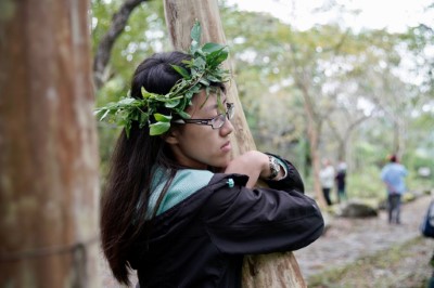 遊客透過森林療癒引導員體驗抱樹感受樹木生命並沈澱自我