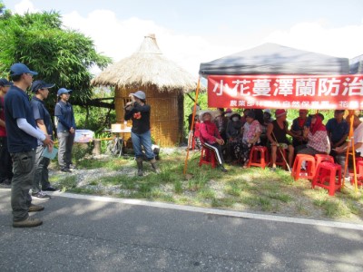 林業及自然保育署花蓮分署萬榮工作站20日在光復鄉加里洞社區辦理小花蔓澤蘭防治宣導活動