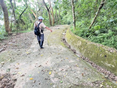 颱風前步道巡視人員清除排水溝堆積落葉樹枝